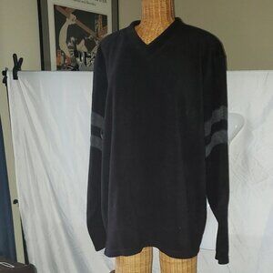 Men's LAND'S END Fleece V Neck Sweater in Black w/gray stripes - XL (46-48)